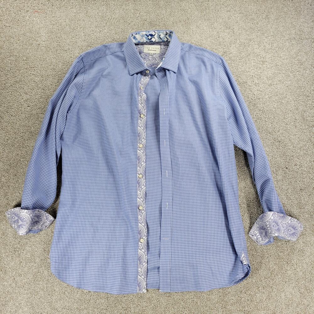 Ted Baker Endurance Button Up Shirt Mens 16 34/35 Blue Houndstooth Paisley Cuffs